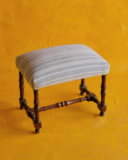 PAIR OF SPANISH WALNUT OTTOMANS w. BLUE STRIPE UPHOLSTERY