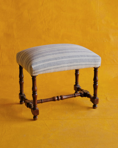 PAIR OF SPANISH WALNUT OTTOMANS w. BLUE STRIPE UPHOLSTERY
