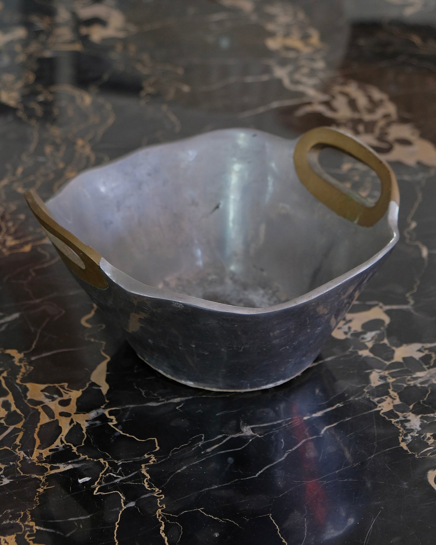 SMALL ABSTRACT CAST ALUMINIUM BUCKET w. BRASS HANDLES