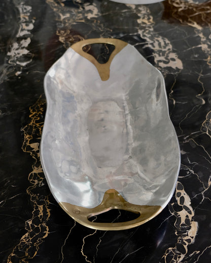 PAIR OF ABSTRACT CAST ALUMINIUM TRAYS w. BRASS HANDLES