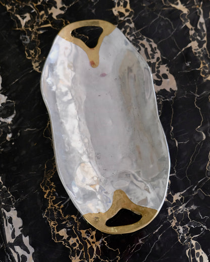 PAIR OF ABSTRACT CAST ALUMINIUM TRAYS w. BRASS HANDLES