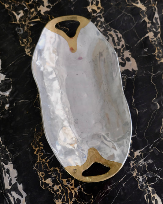 PAIR OF ABSTRACT CAST ALUMINIUM TRAYS w. BRASS HANDLES