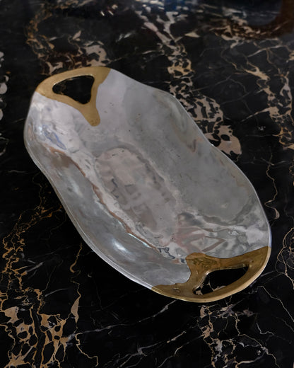 PAIR OF ABSTRACT CAST ALUMINIUM TRAYS w. BRASS HANDLES