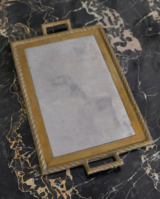 CAST ALUMINIUM TRAY w. BRASS FRAMED HANDLES