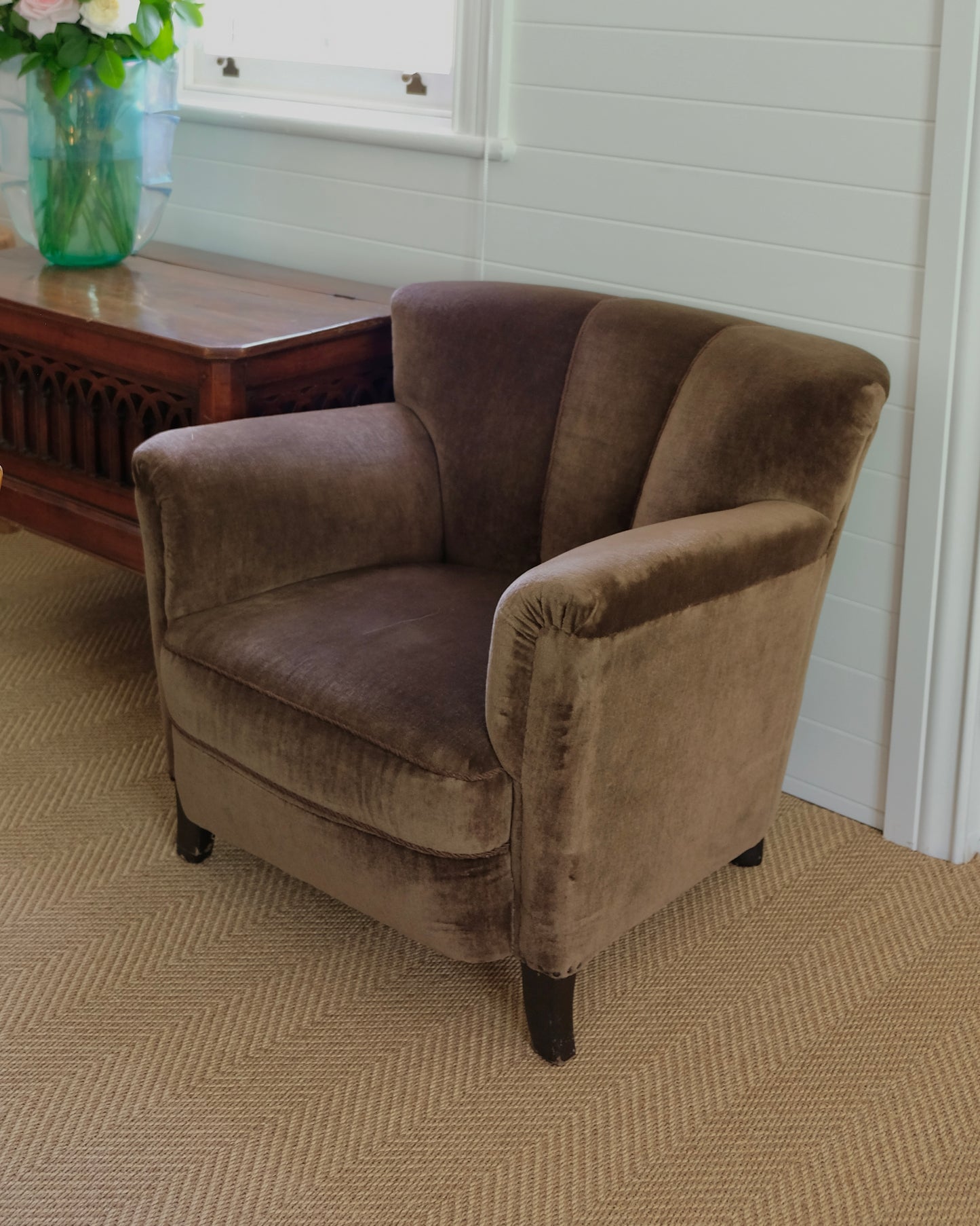 PAIR OF BROWN MOHAIR ARMCHAIRS