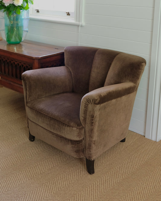 PAIR OF BROWN MOHAIR ARMCHAIRS