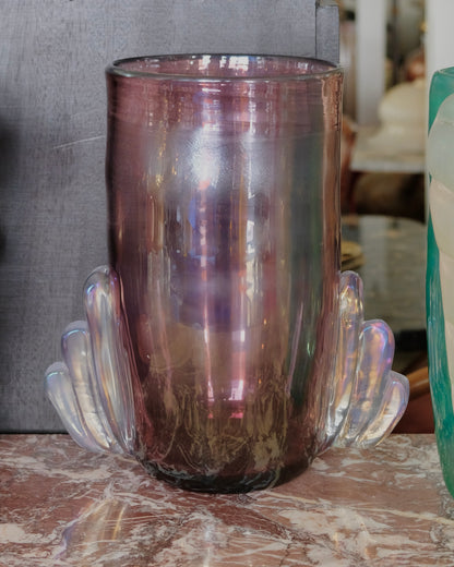 LAVENDER IRIDESCENT MURANO GLASS VASE w. WINGED DETAIL