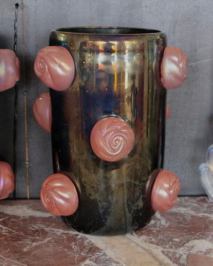DARK IRIDESCENT MURANO VASE w. APPLIED PINK SWIRLS