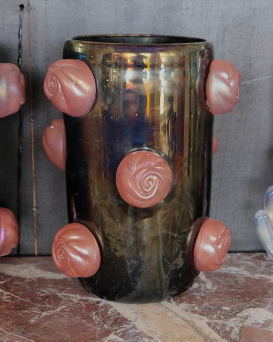 DARK IRIDESCENT MURANO VASE w. APPLIED PINK SWIRLS