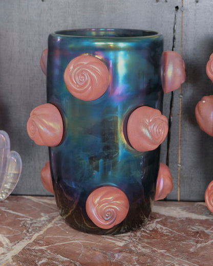 DARK BLUE IRIDESCENT MURANO VASE w. APPLIED PINK SWIRLS
