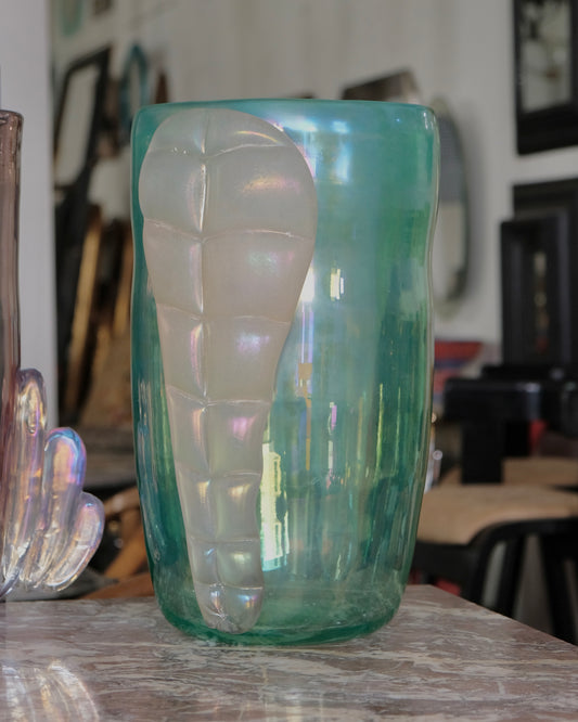 GREEN IRIDESCENT MURANO GLASS VASE w. TWIN LEAF DETAIL