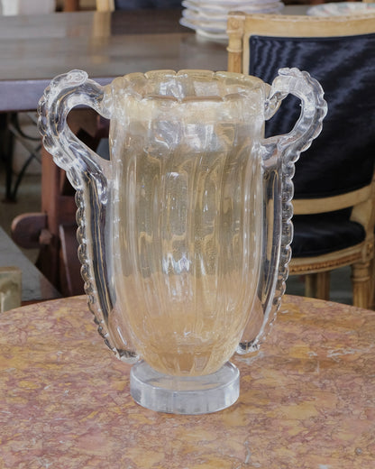 LINED AMBER WASH MURANO VASE w. SCALLOPED HANDLES