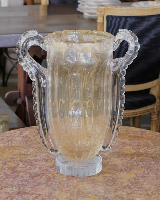 LINED AMBER WASH MURANO VASE w. SCALLOPED HANDLES