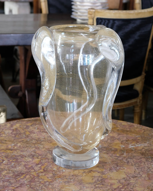 CLEAR AMBER WASH MURANO VASE w. TRI SWIRL DETAIL