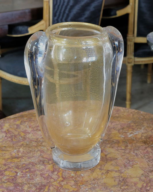 CLEAR AMBER WASH MURANO VASE w. TWIN SWIRL DETAIL