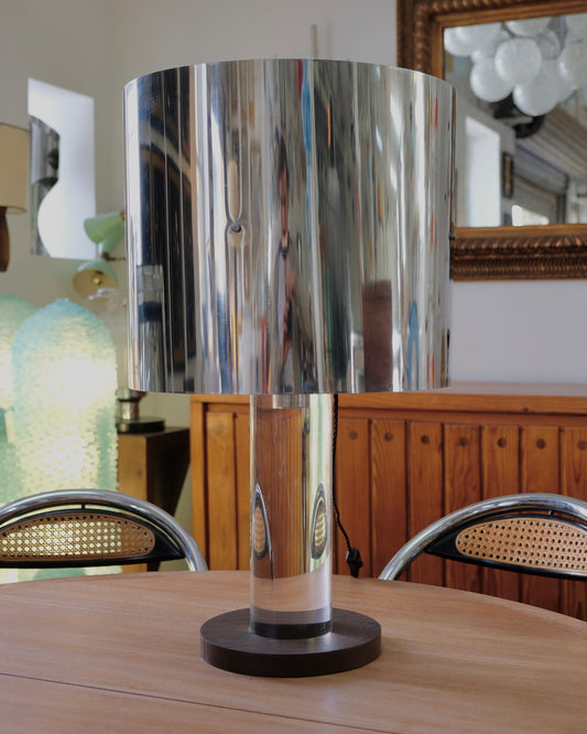 CHROME GUZZINI TABLE LAMP w. WALNUT & LUCITE BASE
