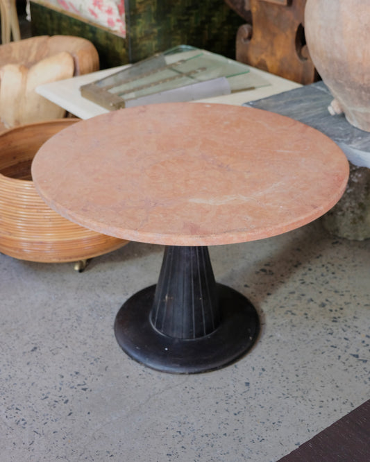 MARBLE PEDESTAL COFFEE TABLE w. EBONIZED BASE