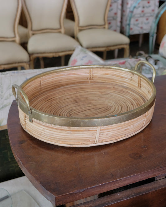 FRENCH RIVIERA RATTAN & BRASS TRAY