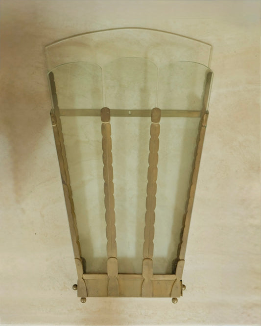 GLASS PANELLED SCALLOPED BRASS WALL VASE