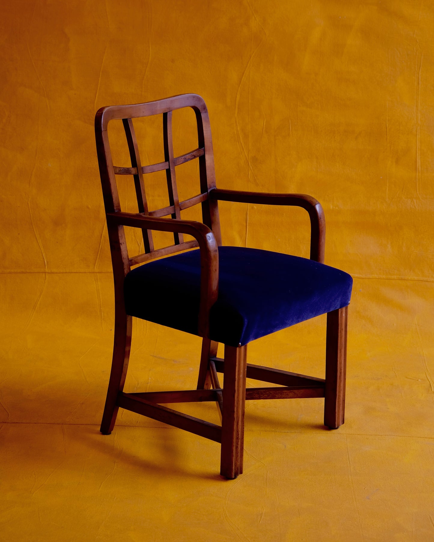 FRENCH WOODEN DINING CHAIRS w. UPHOLSTERED NAVY BLUE VELVET SEAT