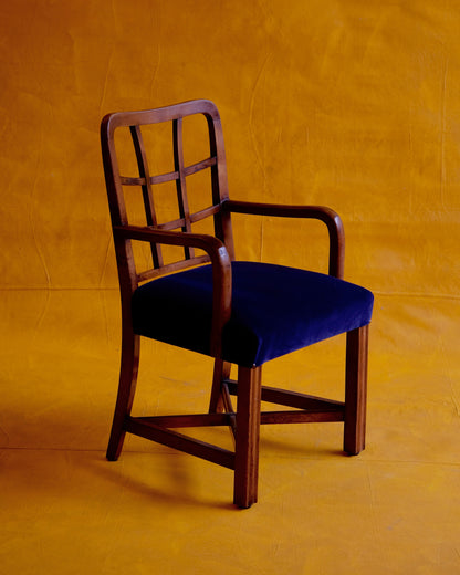 FRENCH WOODEN DINING CHAIRS w. UPHOLSTERED NAVY BLUE VELVET SEAT