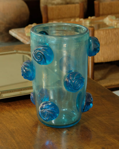SINGLE BLUE MURANO VASE w. APPLIED SWIRLS