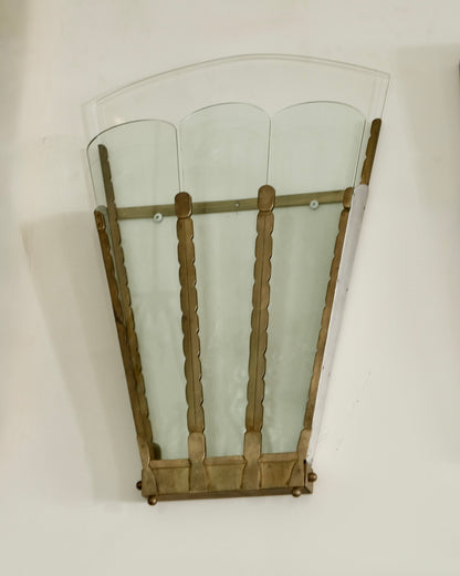 GLASS PANELLED SCALLOPED BRASS WALL VASE