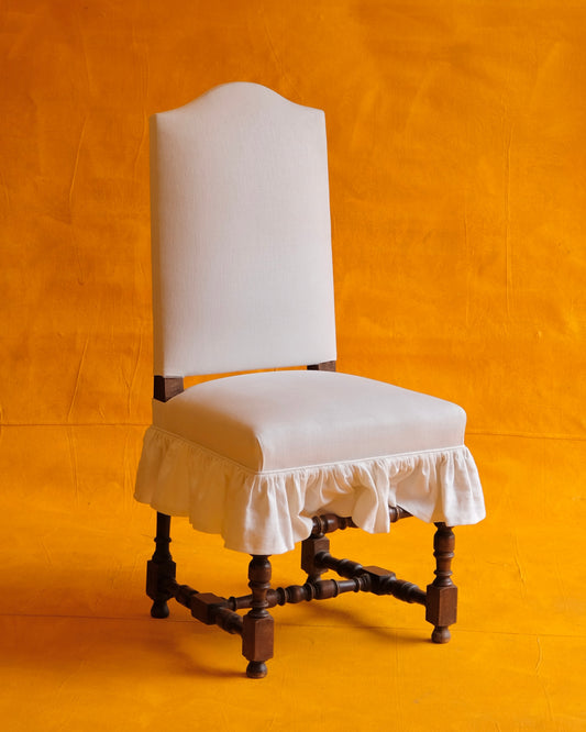 PROVINCIAL HAND-CARVED WALNUT DINING CHAIRS w. C&C MILANO LINEN SKIRTING