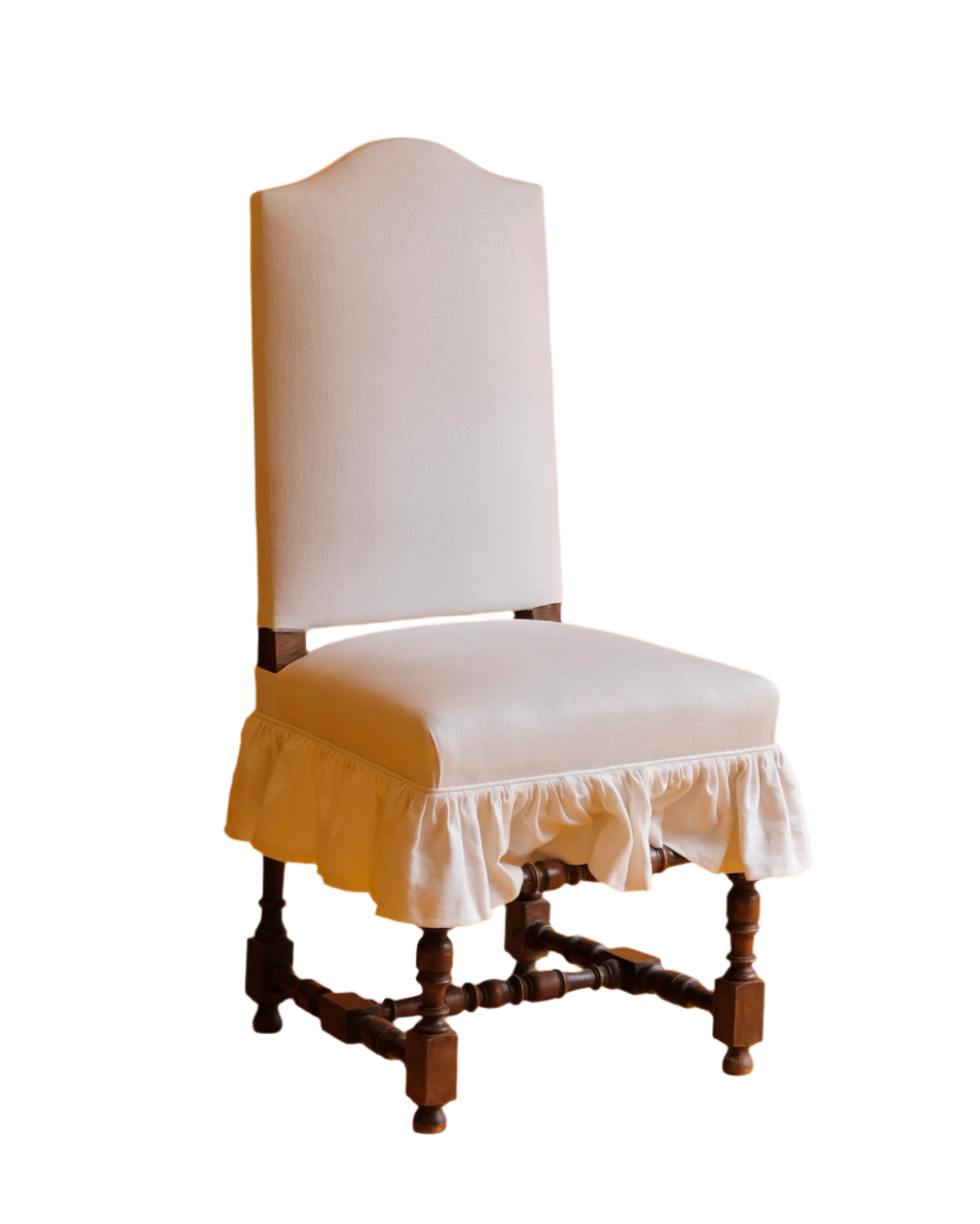 PROVINCIAL HAND-CARVED WALNUT DINING CHAIRS w. C&C MILANO LINEN SKIRTING