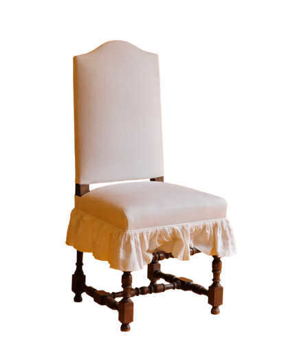 PROVINCIAL HAND-CARVED WALNUT DINING CHAIRS w. C&C MILANO LINEN SKIRTING