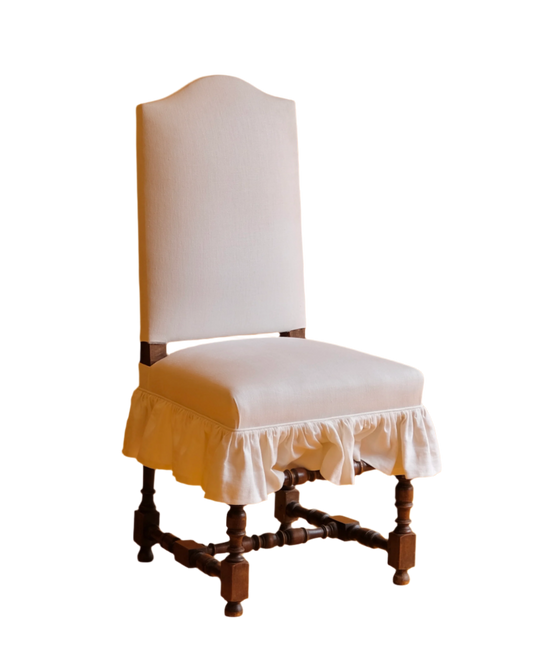 PROVINCIAL HAND-CARVED WALNUT DINING CHAIRS w. C&C MILANO LINEN SKIRTING