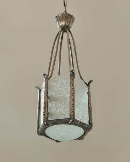ART DECO TEXTED GLASS DOME LANTERN w. FERN DETAIL