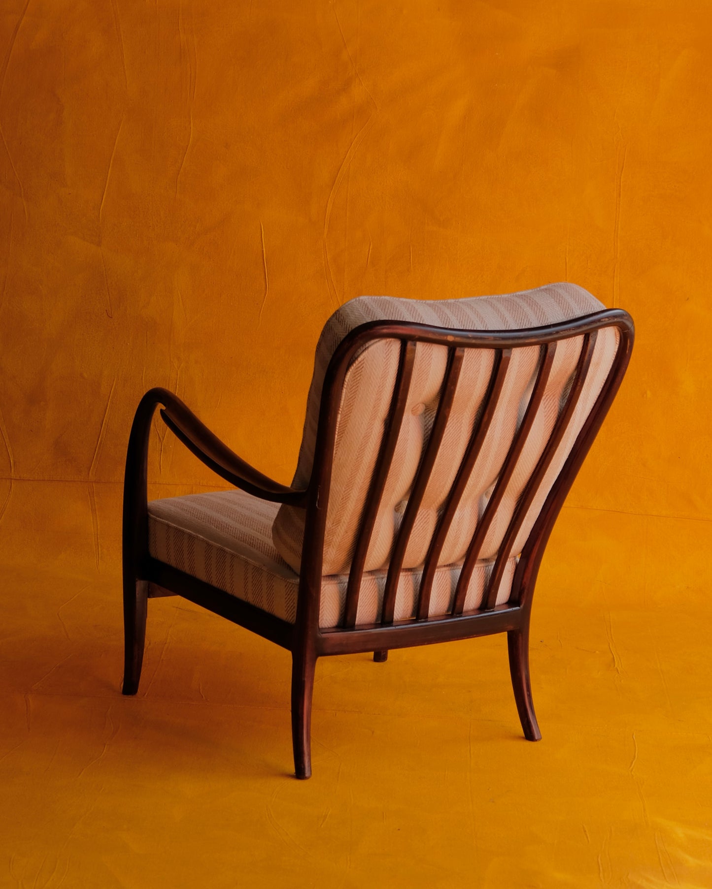 WALNUT ARMCHAIR w. STRIPED UPHOLSTERY