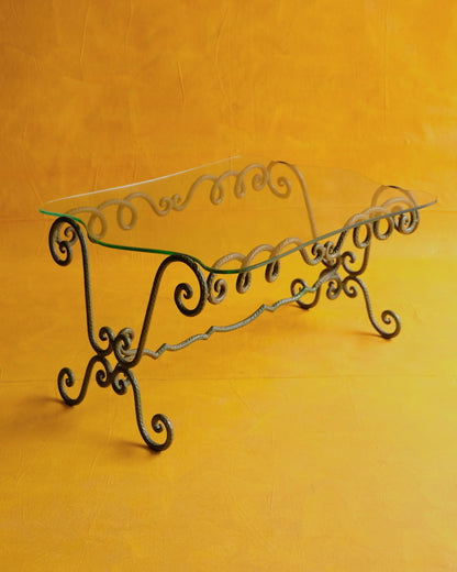 DIMPLED GREEN WROUGHT IRON GLASS COFFEE TABLE