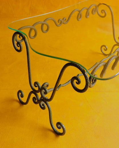 DIMPLED GREEN WROUGHT IRON GLASS COFFEE TABLE