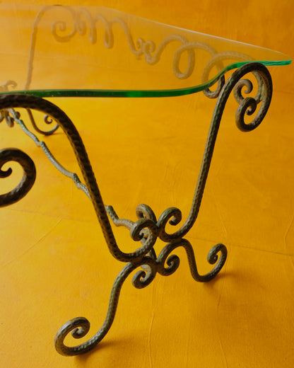 DIMPLED GREEN WROUGHT IRON GLASS COFFEE TABLE