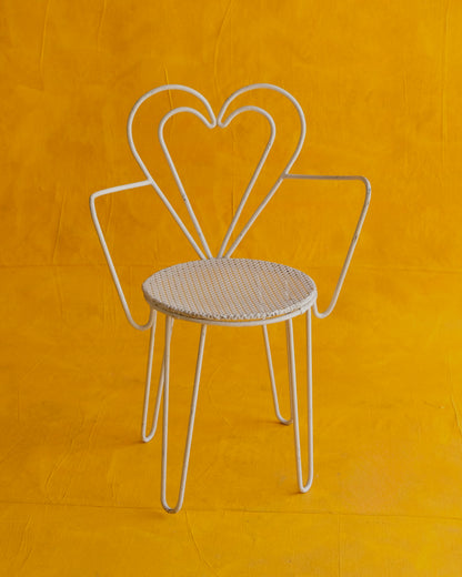 PAIR OF WHITE METAL HEART ARMCHAIRS