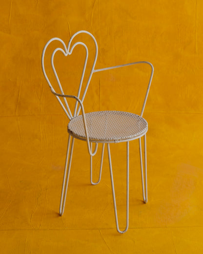 PAIR OF WHITE METAL HEART ARMCHAIRS
