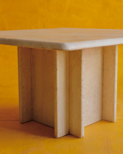 TRAVERTINE COFFEE TABLE w. CROSS CORNER BASE