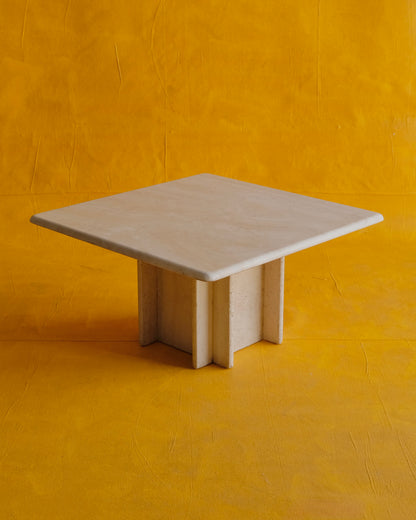 TRAVERTINE COFFEE TABLE w. CROSS CORNER BASE