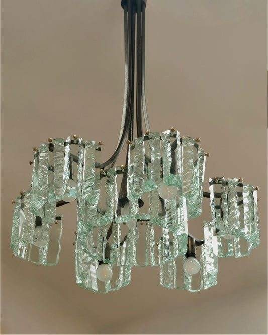 FONTANA ARTE SIX ARM PENDANT w. HAND CARVED GLASS SHADES