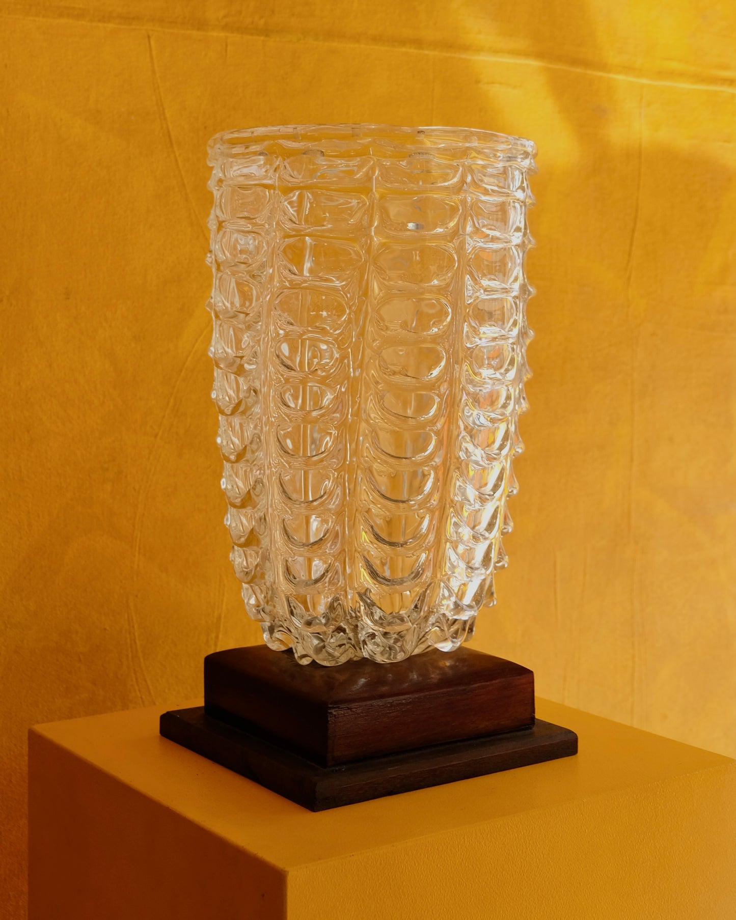TEXTURED MURANO GLASS VASE w. TIMBER BASE