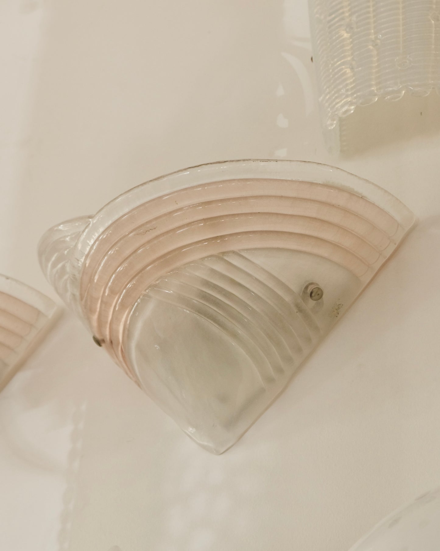 TRIO OF ART DECO MURANO GLASS SHELL SCONCES w. LIGHT PINK DETAIL