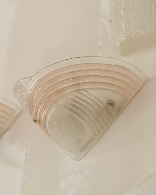 TRIO OF ART DECO MURANO GLASS SHELL SCONCES w. LIGHT PINK DETAIL