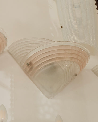 TRIO OF ART DECO MURANO GLASS SHELL SCONCES w. LIGHT PINK DETAIL