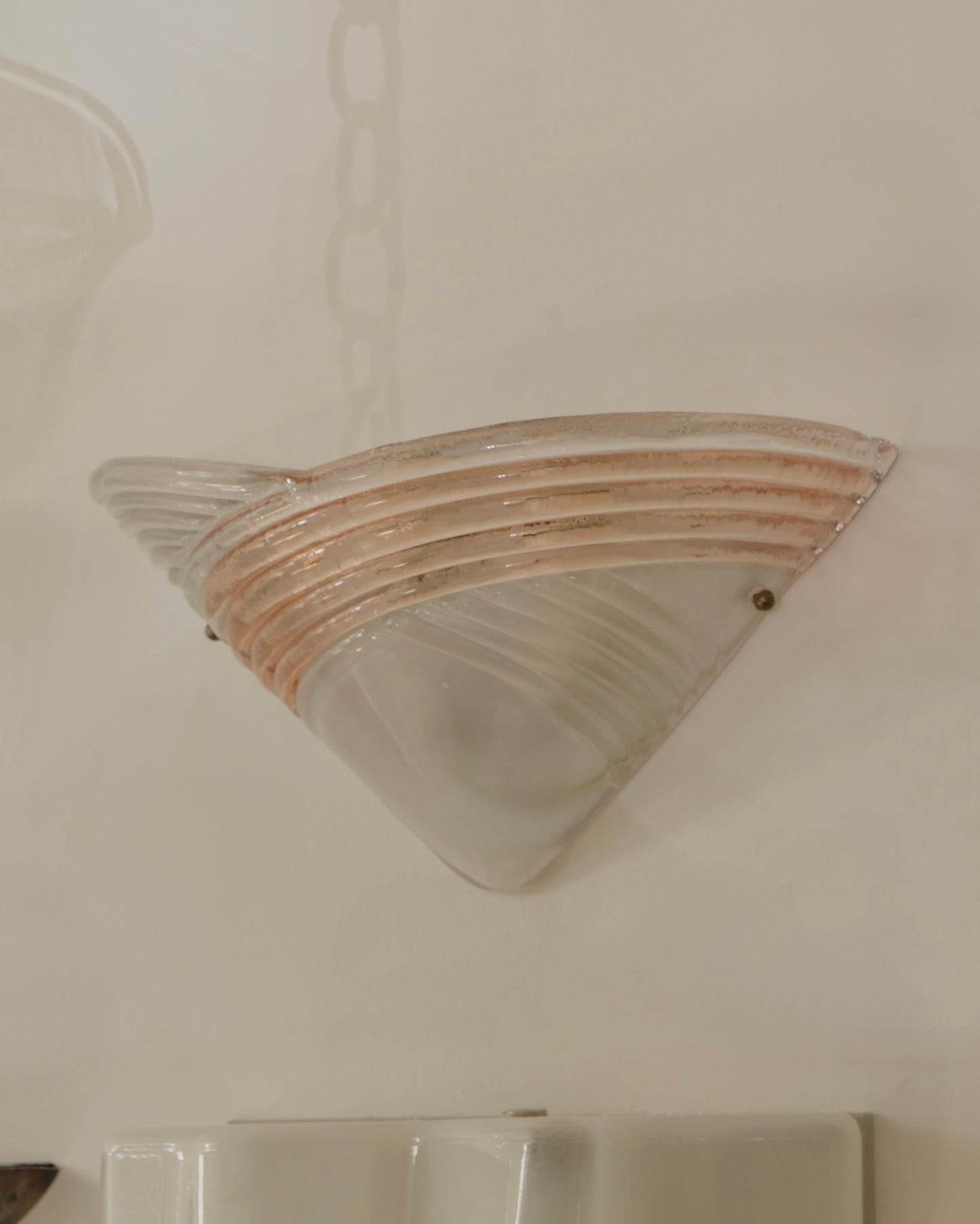 ART DECO MURANO GLASS SHELL SCONCES w. BLUSH DETAIL