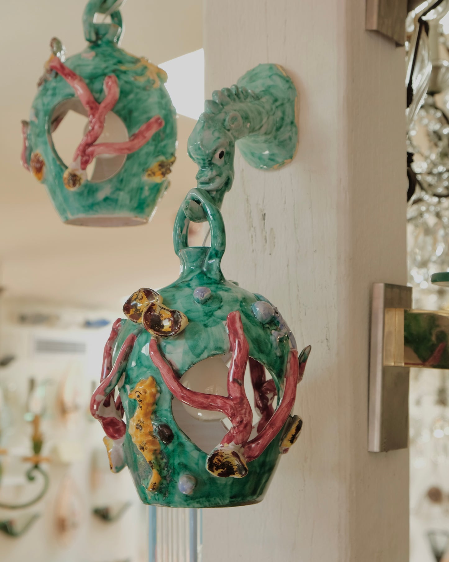 TRIO OF CERAMIC MAJOLICA SEA LIFE SCONCES