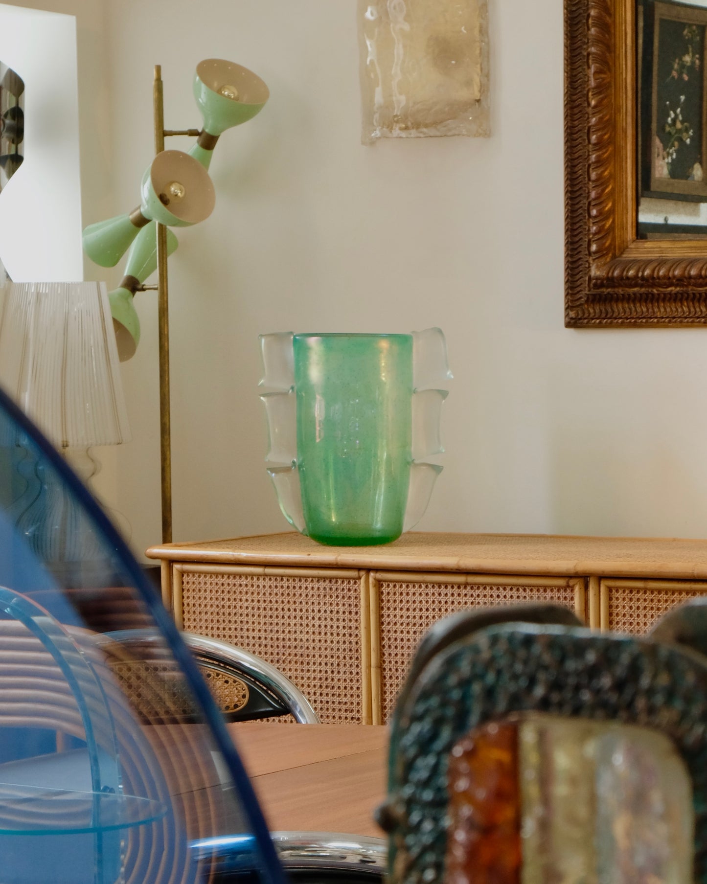 GREEN MURANO VASE w. TRI FIN DETAIL