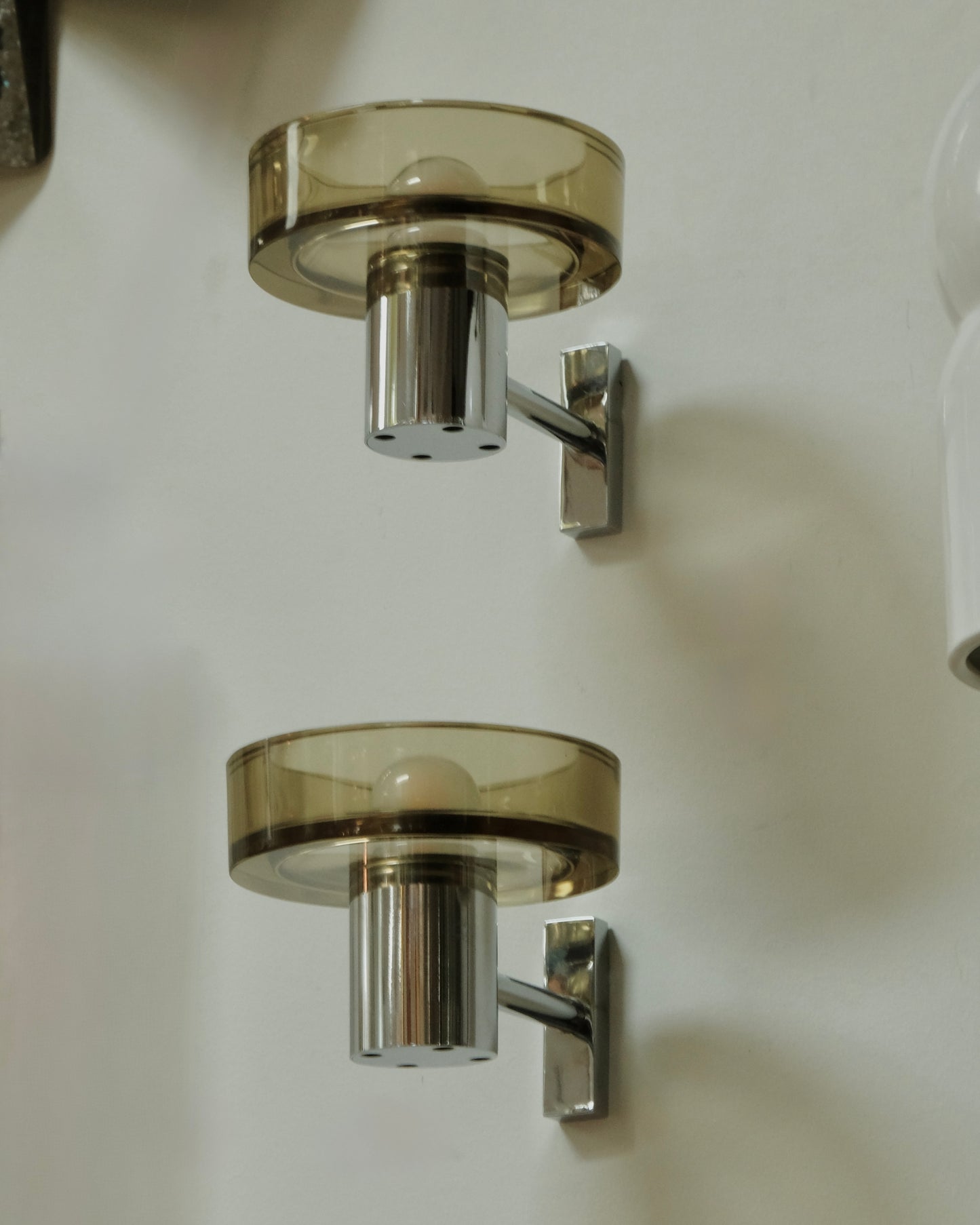 PAIR OF SEGUSO AMBER GLASS & CHROME WALL SCONCES