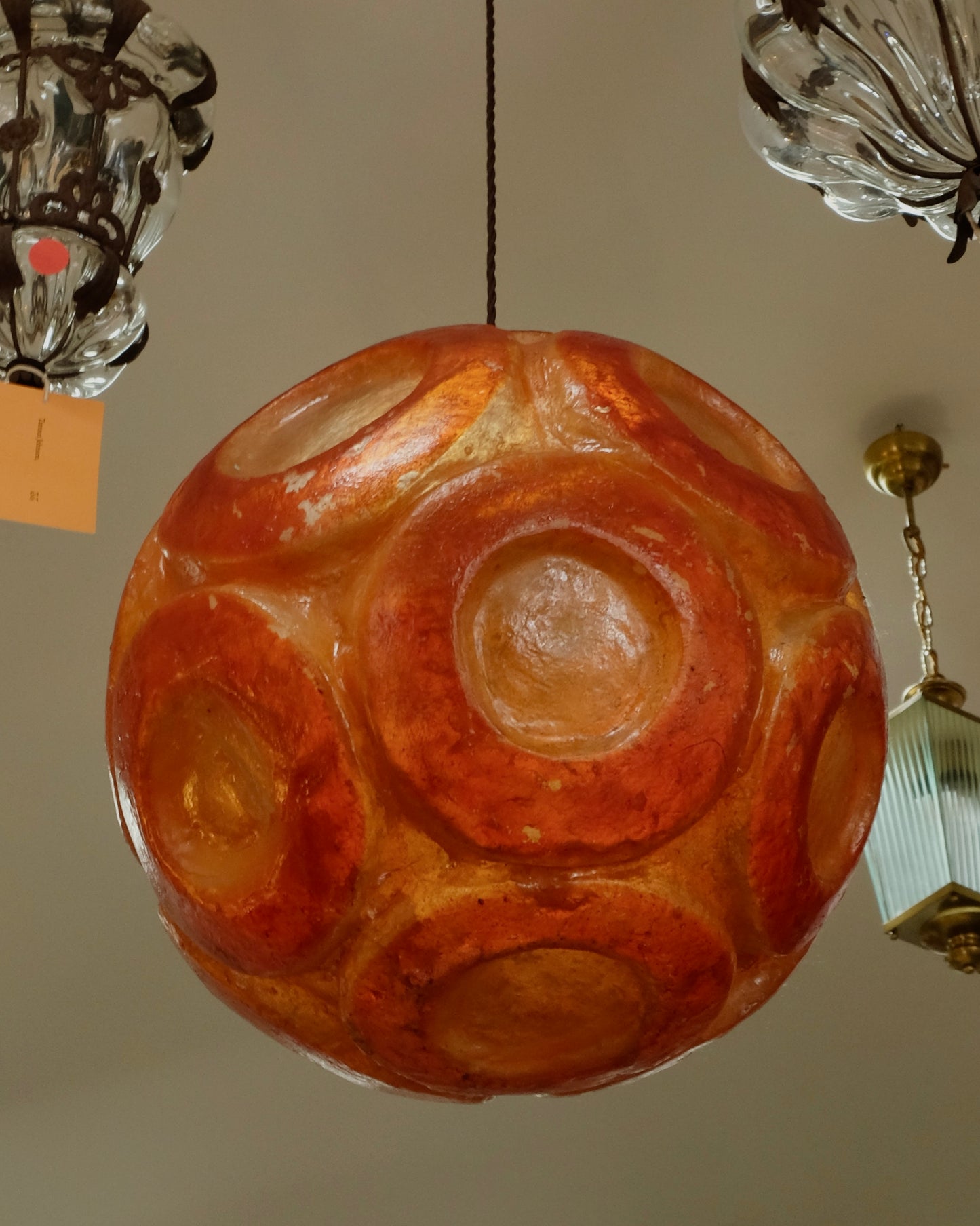 TEXTURED AMBER PLEXIGLASS PENDANT w. CIRCLE DETAIL